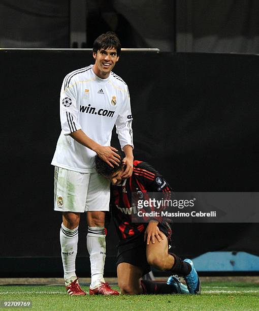 Ricardo Kaka of Real Madrid hugs Alexandre Pato of AC Milan during the UEFA Champions League group C match between AC Milan and Real Madrid at the...