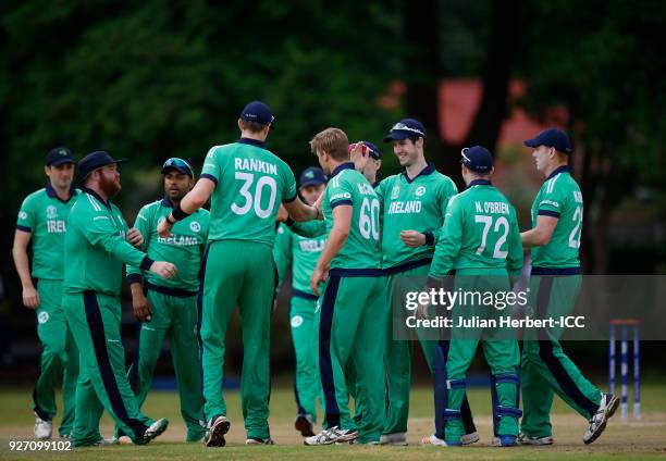 Ireland players celebrate the wicket of Ben Cooper of The Netherlands during the ICC Cricket World Cup Qualifier between Ireland and The Netherlands...