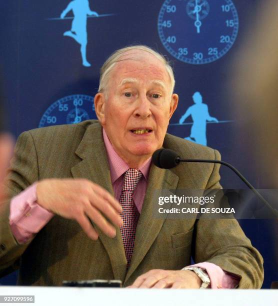 Sir Roger Bannister speaks at a press conference to mark the 50th anniversary celebrations for his breaking the four minute mile at Oxford University...