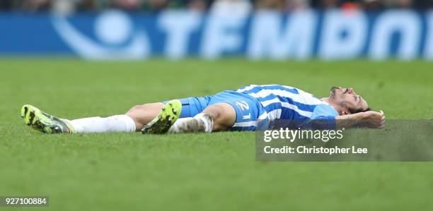An injured Matias Ezequiel Schelotto of Brighton and Hove Albion lays on the ground during the Premier League match between Brighton and Hove Albion...