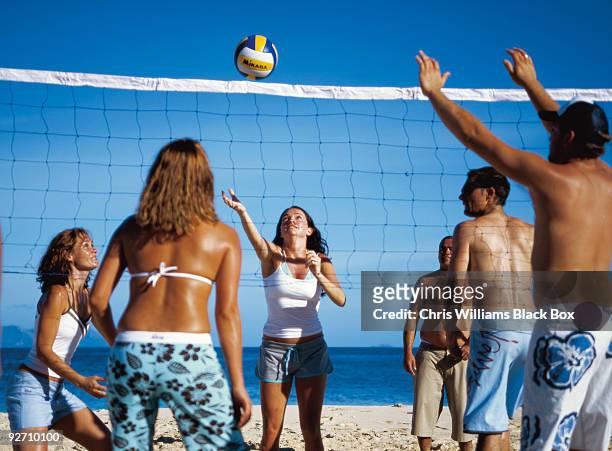 fun, sea and sun in fiji. - beach volleyball friends stock pictures, royalty-free photos & images