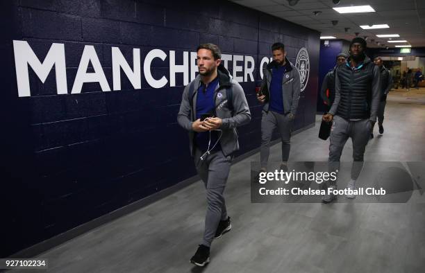 Danny Drinkwater of Chelsea arrives ahead of the Premier League match between Manchester City and Chelsea at Etihad Stadium on March 4, 2018 in...