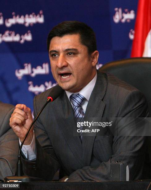 Kurdish lawmaker Khalid Shawani speaks during a press conference following Parliament meetings in Baghdad on October 29, 2009. The Iraqi parliament...