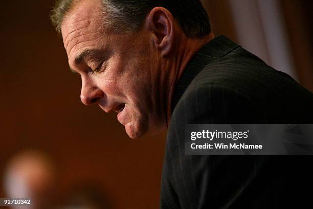 Virginia Gov. And Democratic National Committee Chairman Tim Kaine answers questions during a press conference at the State Capitol complex November...