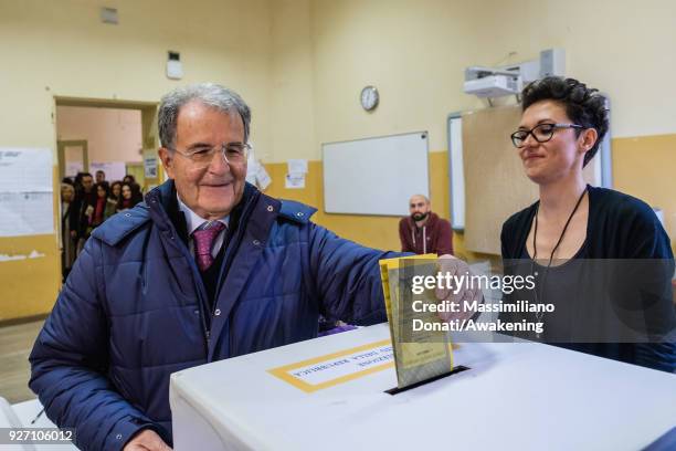 Romano Prodi casts his vote at a polling station on March 4, 2018 in Bologna, Italy. The economy and immigration are key factors in the 2018 Italian...