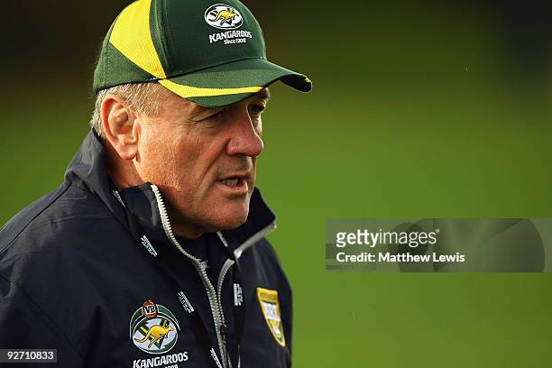 Tim Sheens, Coach of the VB Kangaroos Australian Rugby League Team looks on during a training session at Leeds Rugby Academy on November 4, 2009 in...