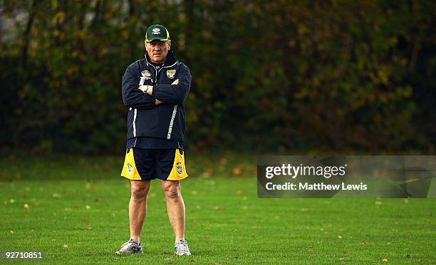 Tim Sheens, Coach of the VB Kangaroos Australian Rugby League Team looks on during a training session at Leeds Rugby Academy on November 4, 2009 in...