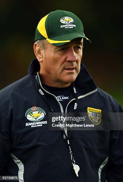 Tim Sheens, Coach of the VB Kangaroos Australian Rugby League Team looks on during a training session at Leeds Rugby Academy on November 4, 2009 in...