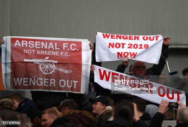 Fans protest towards Arsene Wenger, Manager of Arsenal following the Premier League match between Brighton and Hove Albion and Arsenal at Amex...