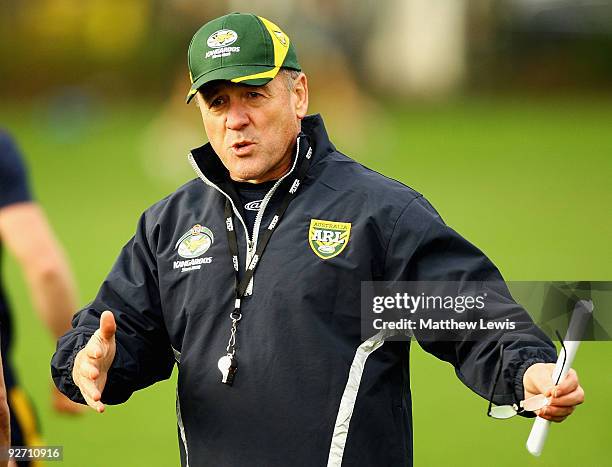 Tim Sheens, Coach of the VB Kangaroos Australian Rugby League Team gives out instructions during a training session at Leeds Rugby Academy on...