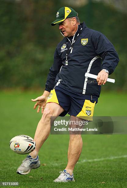 Tim Sheens, Coach of the VB Kangaroos Australian Rugby League Team in action during a training session at Leeds Rugby Academy on November 4, 2009 in...