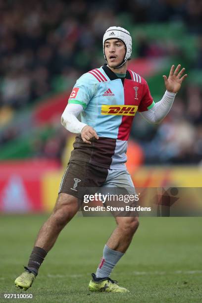 Demetri Catrakilis of Harlequins during the Aviva Premiership match between Harlequins and Bath Rugby at Twickenham Stoop on March 4, 2018 in London,...