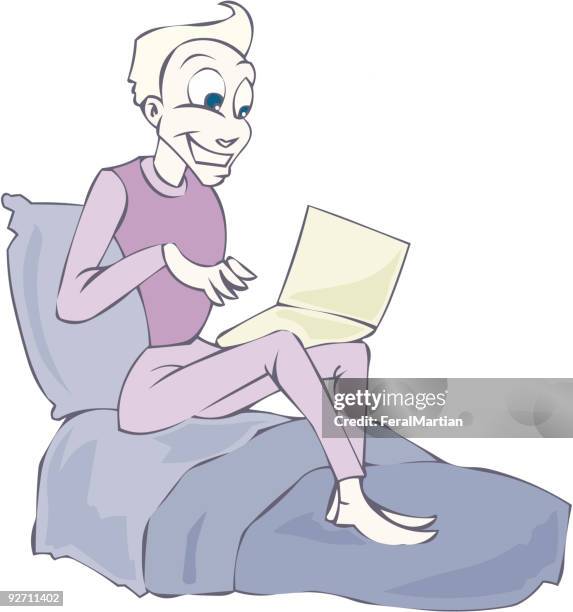 laptop in bed - typing email stock illustrations