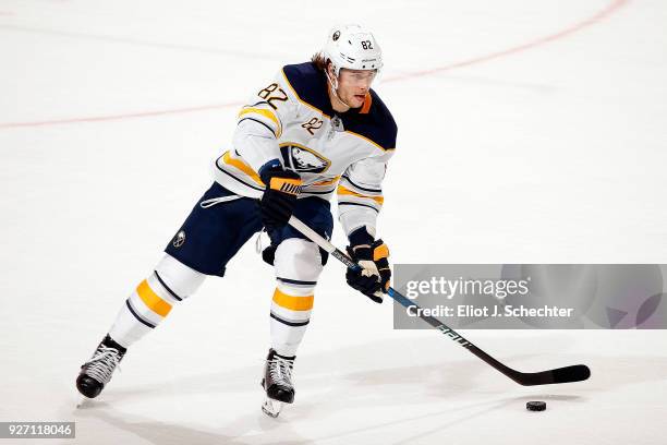Nathan Beaulieu of the Buffalo Sabres skates with the puck against the Florida Panthers at the BB&T Center on March 2, 2018 in Sunrise, Florida.