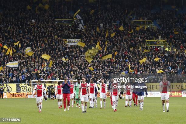 Lasse Schone of Ajax, David Neres of Ajax, Maximilian Wober of Ajax, Siem de Jong of Ajax, goalkeeper Andre Onana of Ajax, Joel Veltman of Ajax,...