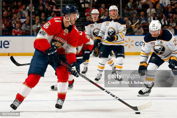 Jonathan Huberdeau of the Florida Panthers skates with the puck against the Buffalo Sabres at the BB&T Center on March 2, 2018 in Sunrise, Florida.