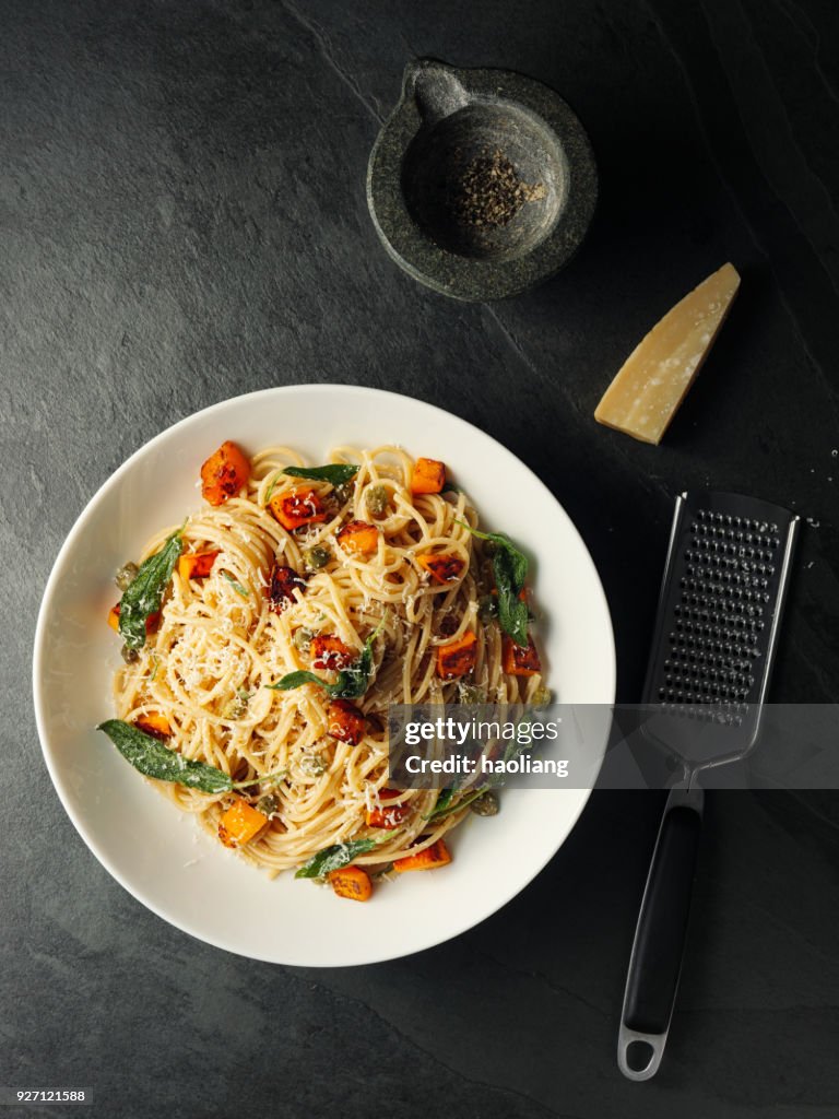 Healthy spaghetti with roasted butternut squash and sage butter
