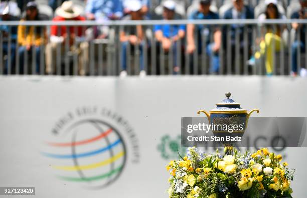 The Gene Sarazen Cup is displayed on the first hole during round three of the World Golf Championships-Mexico Championship at Club de Golf...