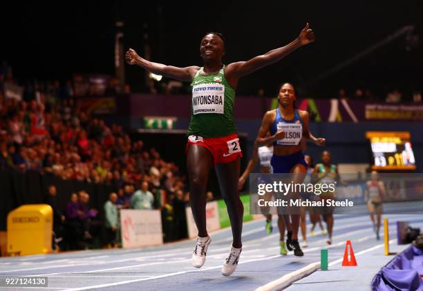 Gold Medallist, Francine Niyonsaba of Burundi celebrates winning the Womens 800 Metres Final during the IAAF World Indoor Championships on Day Four...