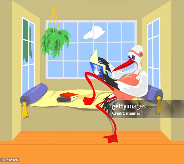 stork in window seat reading a baby book - window seat stock illustrations