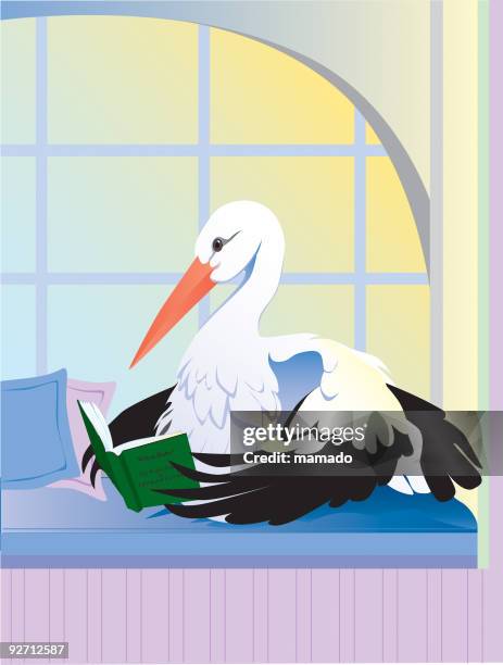 stork reading a how-to book *request* - child looking in window stock illustrations