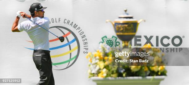 Rafa Cabrera Bello of Spain hits a tee shot on the first hole during round three of the World Golf Championships-Mexico Championship at Club de Golf...