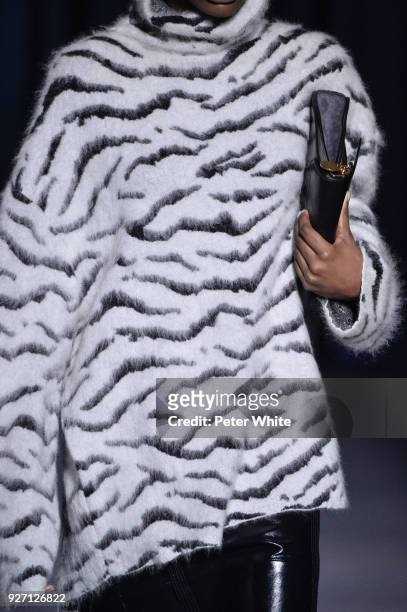 Model, fashion detail, walks the runway during the Givenchy show as part of the Paris Fashion Week Womenswear Fall/Winter 2018/2019 on March 4, 2018...