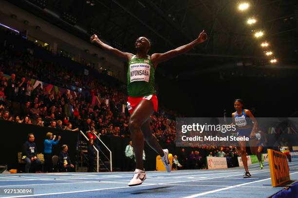 Gold Medallist, Francine Niyonsaba of Burundi celebrates winning the Women's 800 Metres Final during the IAAF World Indoor Championships on Day Four...