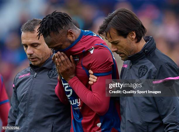 Cheik Doukoure of Levante is taken off after an injury during the La Liga match between Levante and Espanyol at Ciutat de Valencia Stadium on March...