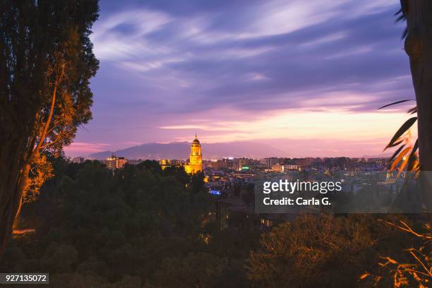malaga at sunset from the mountain - anochecer stockfoto's en -beelden