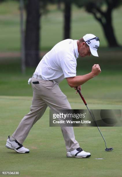 George Coetzee of South Africa celebrates winning the Tshwane Open at Pretoria Country Club on March 4, 2018 in Pretoria, South Africa.