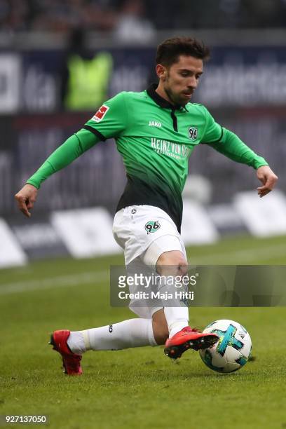 Julian Korb of Hannover 96 controls the ball during the Bundesliga match between Eintracht Frankfurt and Hannover 96 at Commerzbank-Arena on March 3,...