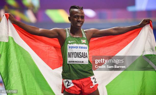 Birmingham , United Kingdom - 4 March 2018; Francine Niyonsaba of Burundi celebrates winning the Women's 800m Final on day four of the IAAF World...