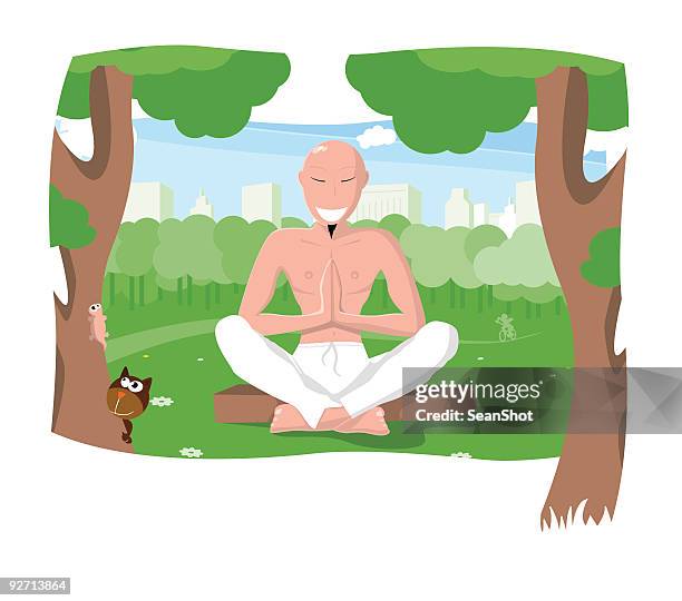 ilustraciones, imágenes clip art, dibujos animados e iconos de stock de parque de yoga en el spa - hombre joven el parque