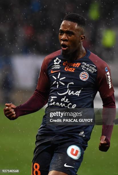 Montpellier's French forward Isaac Mbenza during the French L1 football match between Montpellier and Lyon , on March 4, 2018 at the La Mosson...