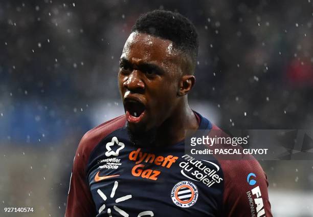 Montpellier's French forward Isaac Mbenza during the French L1 football match between Montpellier and Lyon , on March 4, 2018 at the La Mosson...
