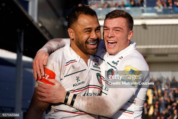 Telusa Veainu of Leicester Tigers celebrates scoring the final try with Harry Simmons during the Aviva Premiership match between Worcester Warriors...