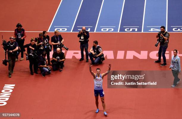 Gold Medallist, Andrew Pozzi of Great Britain celebrates winning the Men's 60 Metres Hurdles Final during the IAAF World Indoor Championships on Day...