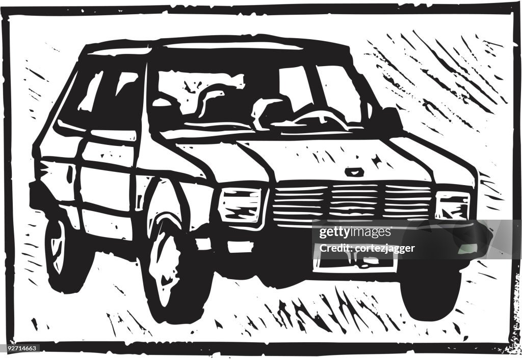 Compact Car: Yugo! Linocut (vector illustration)