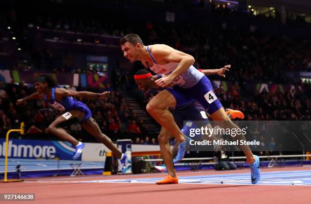 Gold Medallist, Andrew Pozzi of Great Britain dips for the line to win the Men's 60 Metres Hurdles Final during the IAAF World Indoor Championships...