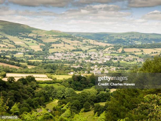 view of crickhowell from mynydd llangattock. the cambrian way, wales, uk - brecon beacons national park stock pictures, royalty-free photos & images