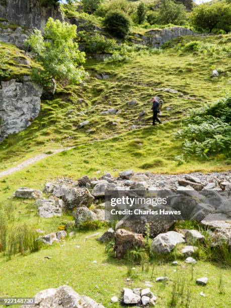 walker near hidden caves at eglwys faen above crickhowell. the cambrian way, wales, uk - crickhowell stock-fotos und bilder