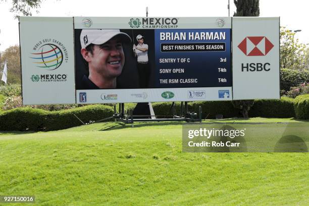 Brian Harman best finishes are shown on a board during the third round of World Golf Championships-Mexico Championship at Club de Golf Chapultepec on...