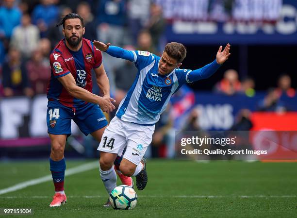 Ivan Lopez Alvarez of Levante competes for the ball with Jose Manuel Jurado of Espanyol during the La Liga match between Levante and Espanyol at...