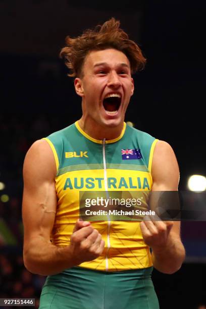 Kurtis Marschall of Australia celebrates in the Men's Pole Vault Final during the IAAF World Indoor Championships on Day Four at Arena Birmingham on...