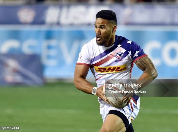 Martin Iosefo of the United States runs with the ball against Australia during the USA Sevens Rugby tournament at Sam Boyd Stadium on March 2, 2018...