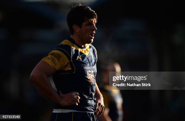 Donncha O'Callaghan of Worcester Warriors looks on during the Aviva Premiership match between Worcester Warriors and Leicester Tigers at Sixways...