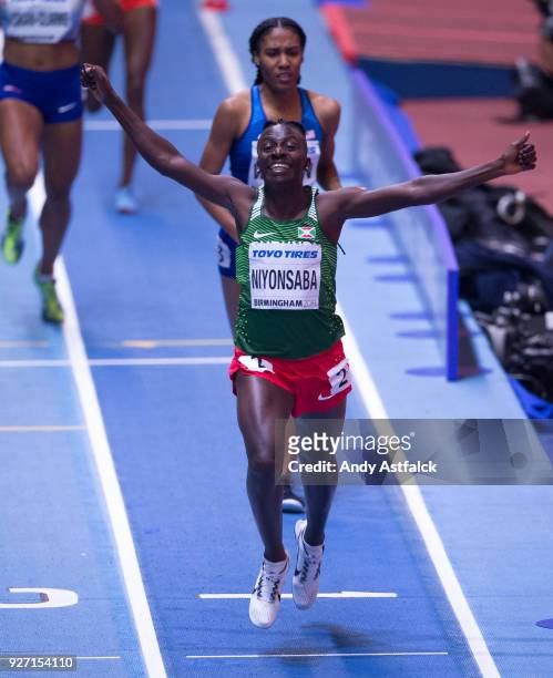 Francine Niyonsaba of Burundi wins the Women's 800m Final on Day 4 of the IAAF World Indoor Championships at Arena Birmingham on March 4, 2018 in...