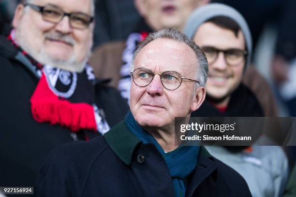 Karl-Heinz Rummenigge of Muenchen attends the Bundesliga match between Sport-Club Freiburg and FC Bayern Muenchen at Schwarzwald-Stadion on March 4,...