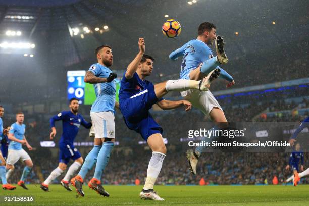 Alvaro Morata of Chelsea battles with Aymeric Laporte of Man City during the Premier League match between Manchester City and Chelsea at the Etihad...